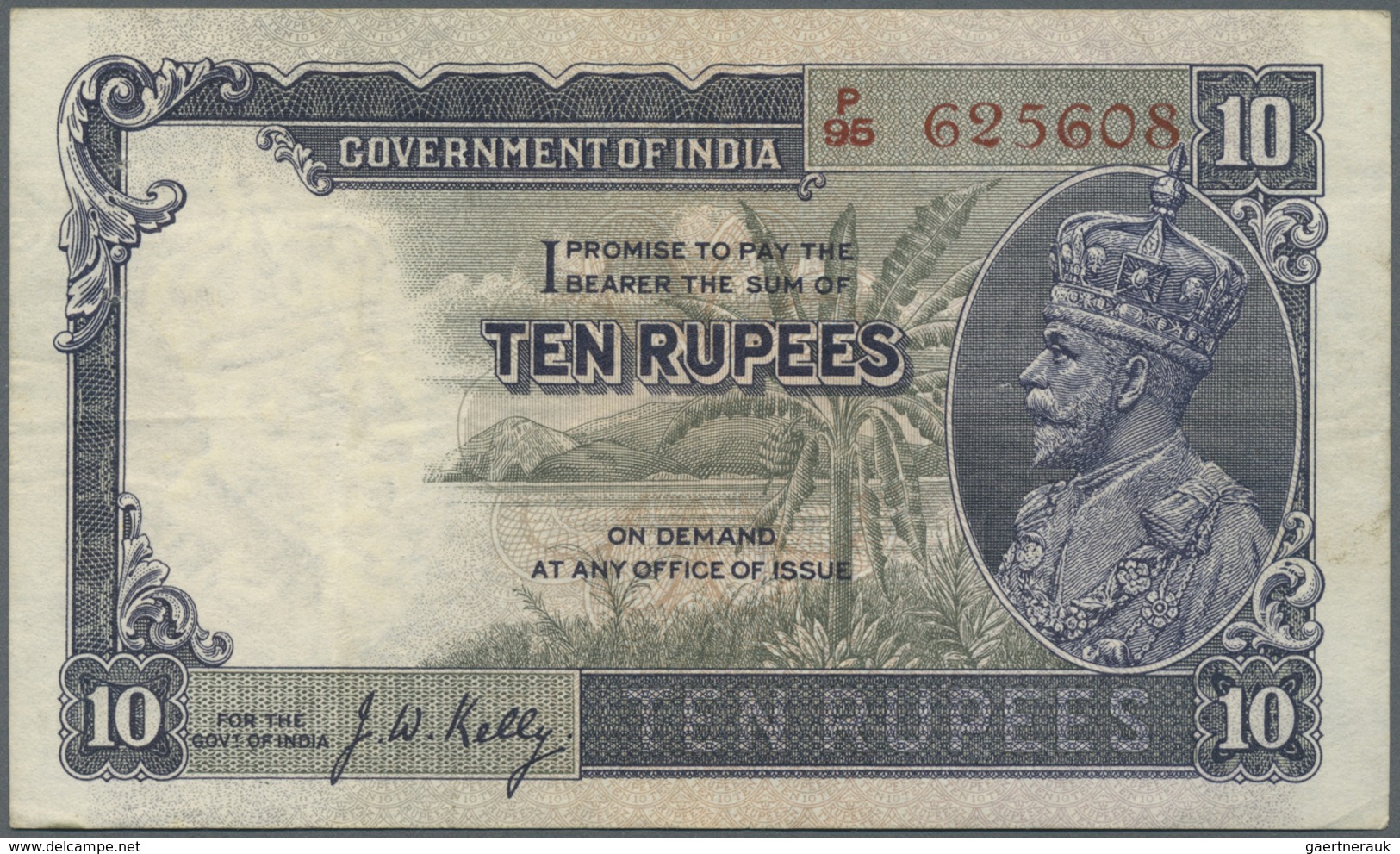 India / Indien: 10 Rupees ND P. 16b, Sign. Kelly, Portrait KG V, Vertical Folds And Creases In Paper - India