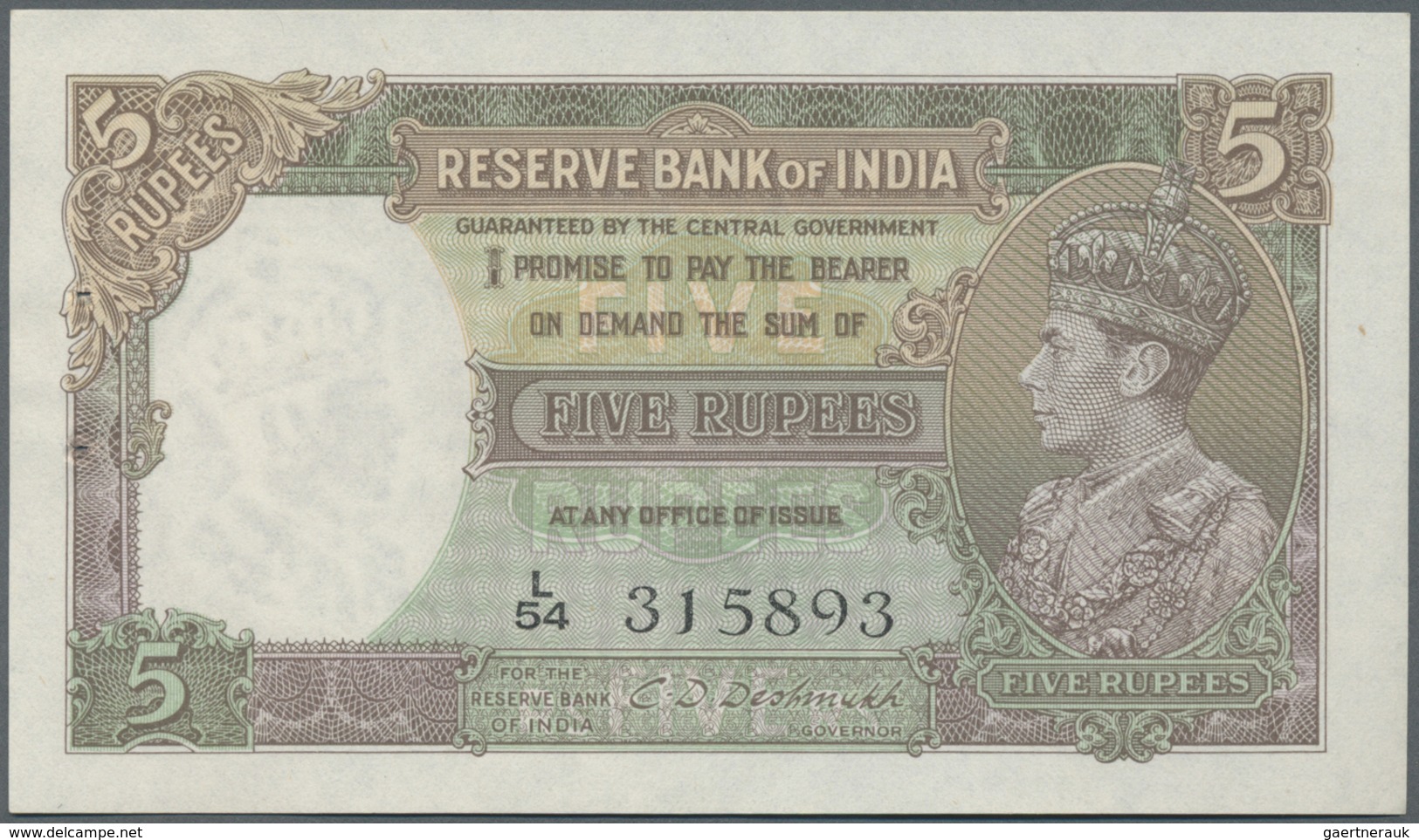 India / Indien: 5 Rupees ND P. 18b, Sign. Deshmukh, Portrait KG VI, Unfolded, Light Dint At Right, 2 - India