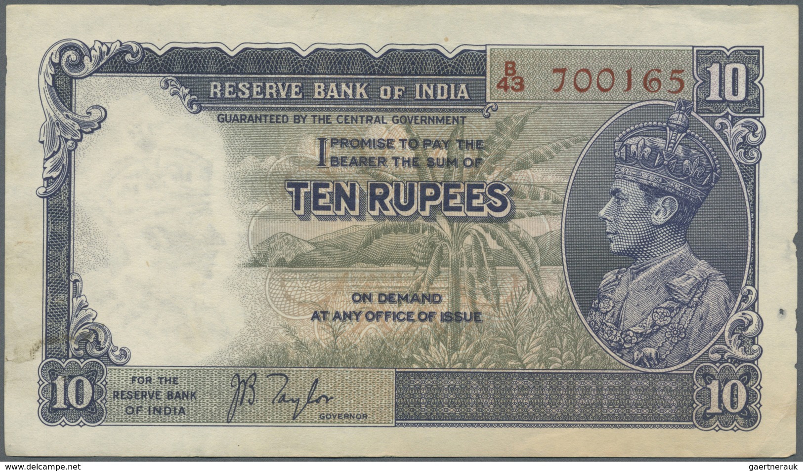 India / Indien: 10 Rupees ND P. 19a, Sign. Taylor, Portrait KG VI, Light Vertical Folds And Handling - India