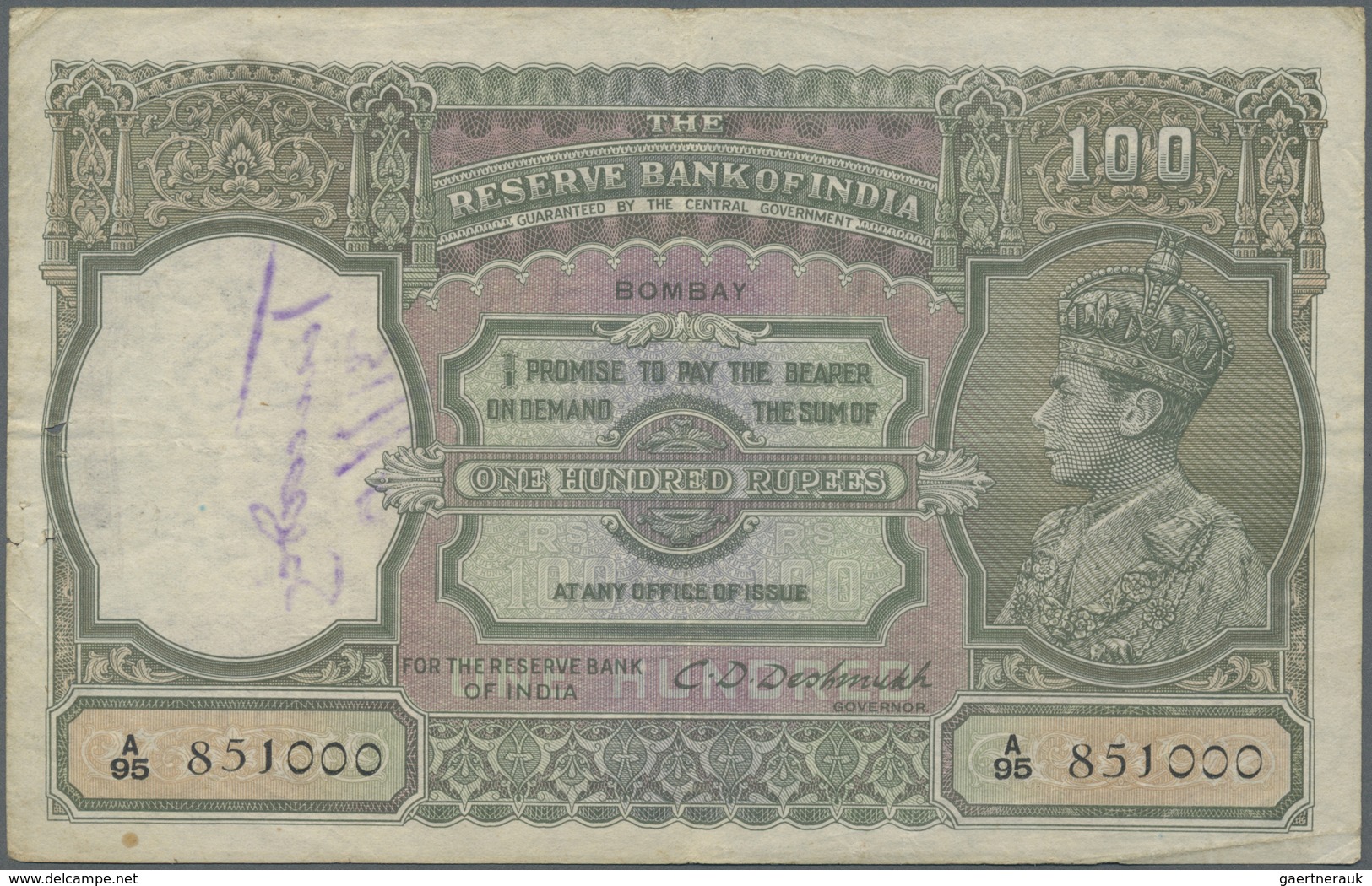 India / Indien: 100 Rupees ND P. 20b, Sign. Deshmukh, Issue For BOMBAY, Portrait KG VI, Used With Se - India