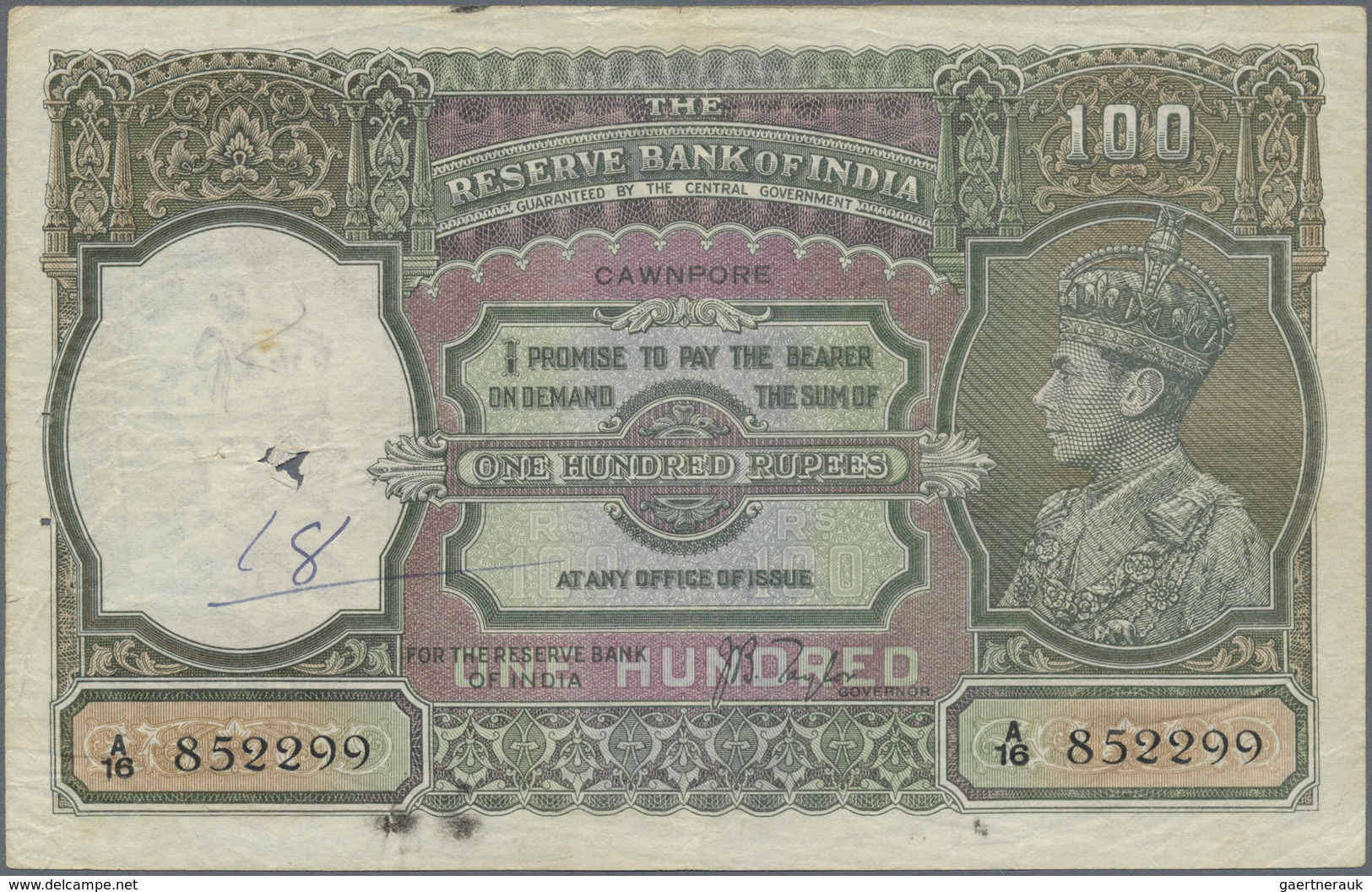 India / Indien: 100 Rupees ND(1937-43) CAWNPORE Issue P. 20g, Used With Folds And Light Creases In P - India