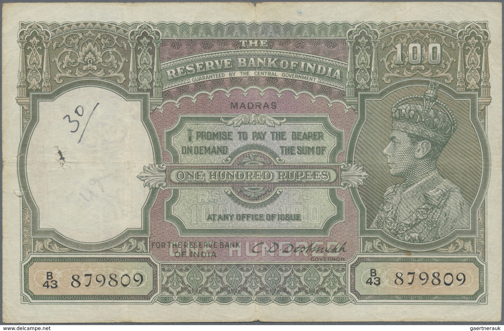 India / Indien: 100 Rupees ND(1937-43) MADRAS Issue P. 20o, Used With Folds, 3 Larger Pinholes At Le - India