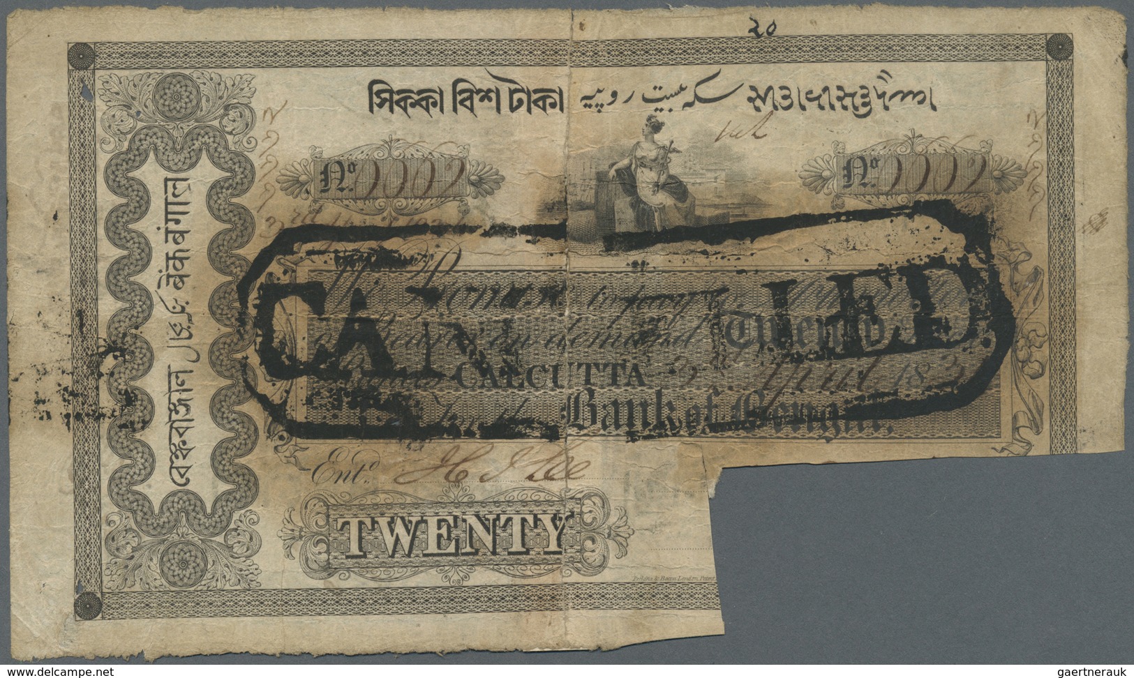 India / Indien: Bank Of Bengal Commerce Issue 20 Sicca Rupees 1828 P. S40A Serial Number #0002, Stam - India