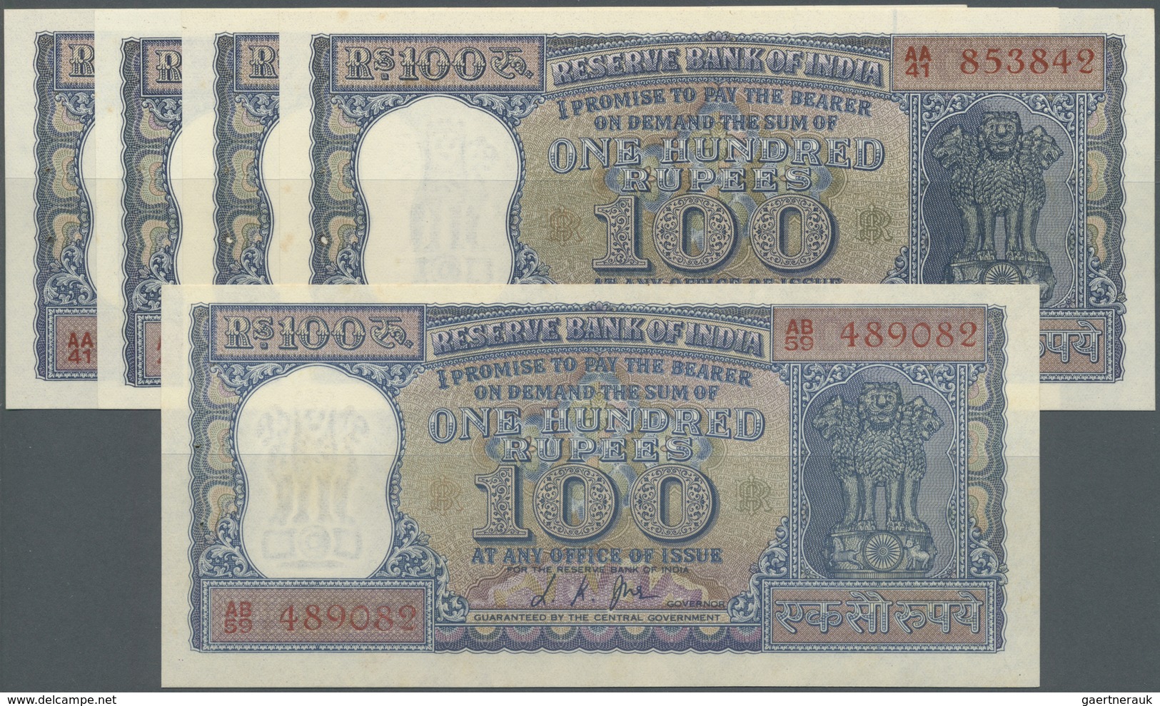 India / Indien: Set With 5 Banknotes 100 Rupees, Four Of Them With Signature: Bhattacharya (1962-196 - India