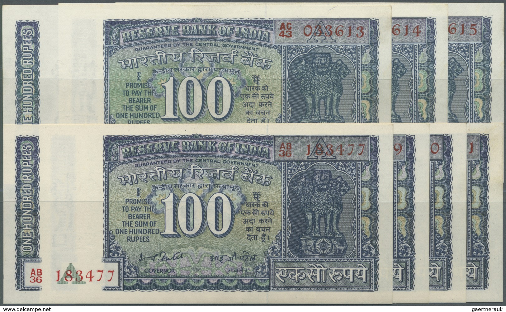 India / Indien: Set With 7 Banknotes 100 Rupees With Plate Letter "A" And Signature: I. G. Patel (19 - India