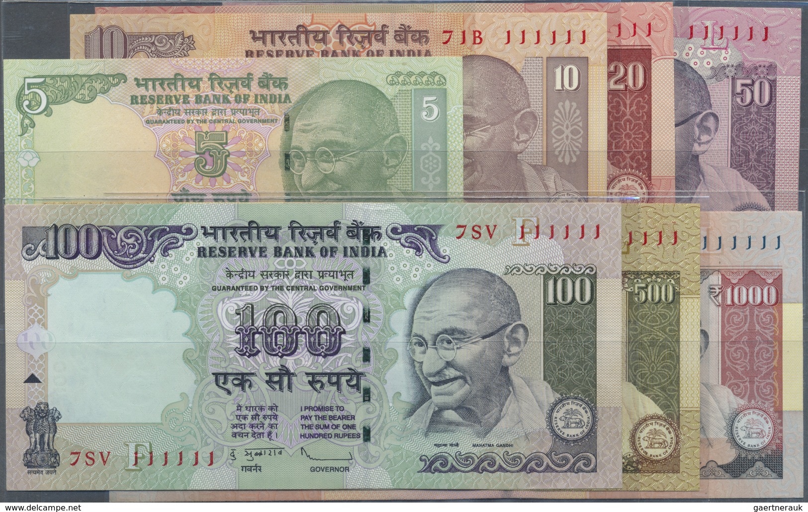 India / Indien: Set Of 7 Notes From 5 To 1000 Rupees 2012 P. 94A To 100, All With Interesting Serial - India