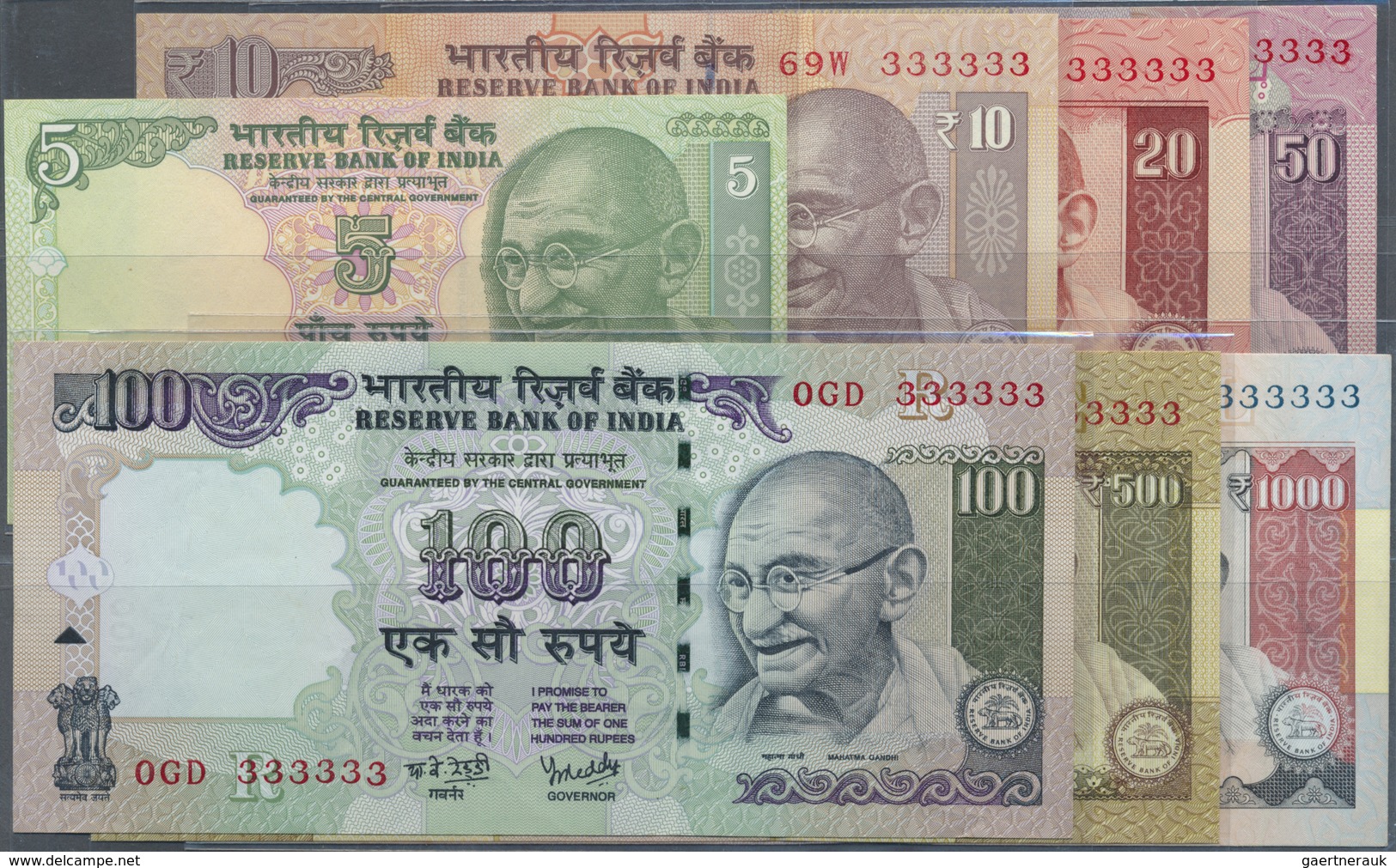India / Indien: Set Of 7 Notes From 5 To 1000 Rupees 2012 P. 94A To 100, All With Interesting Serial - India