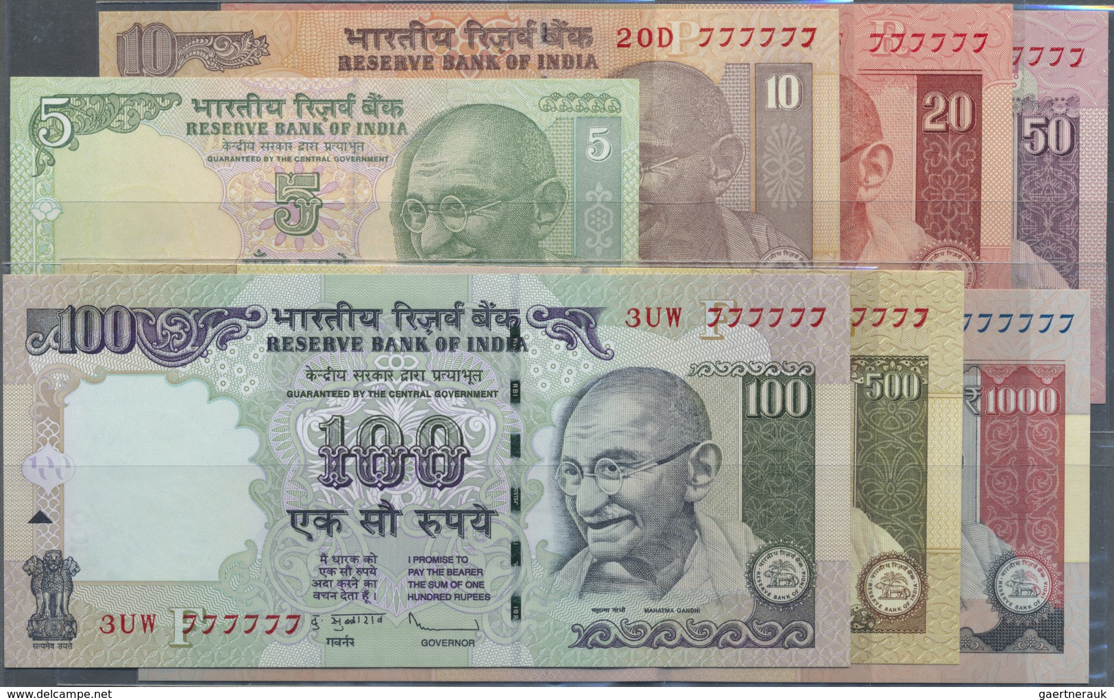 India / Indien: Set Of 7 Notes From 5 To 1000 Rupees 2012 P. 94A To 100, All With Interesting Serial - India