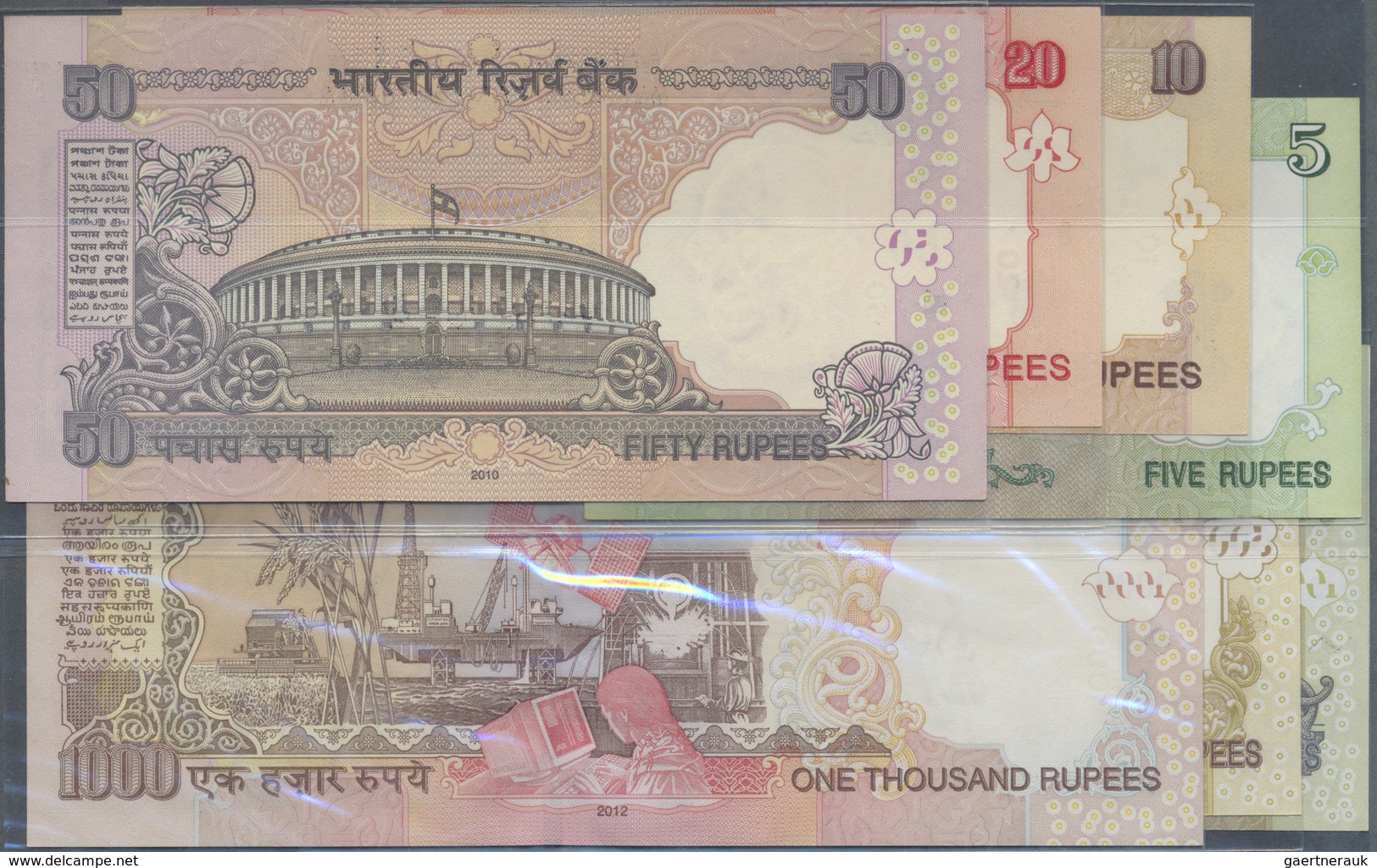 India / Indien: Set Of 7 Notes From 5 To 1000 Rupees 2012 P. 94A To 100, All With Interesting Serial - India