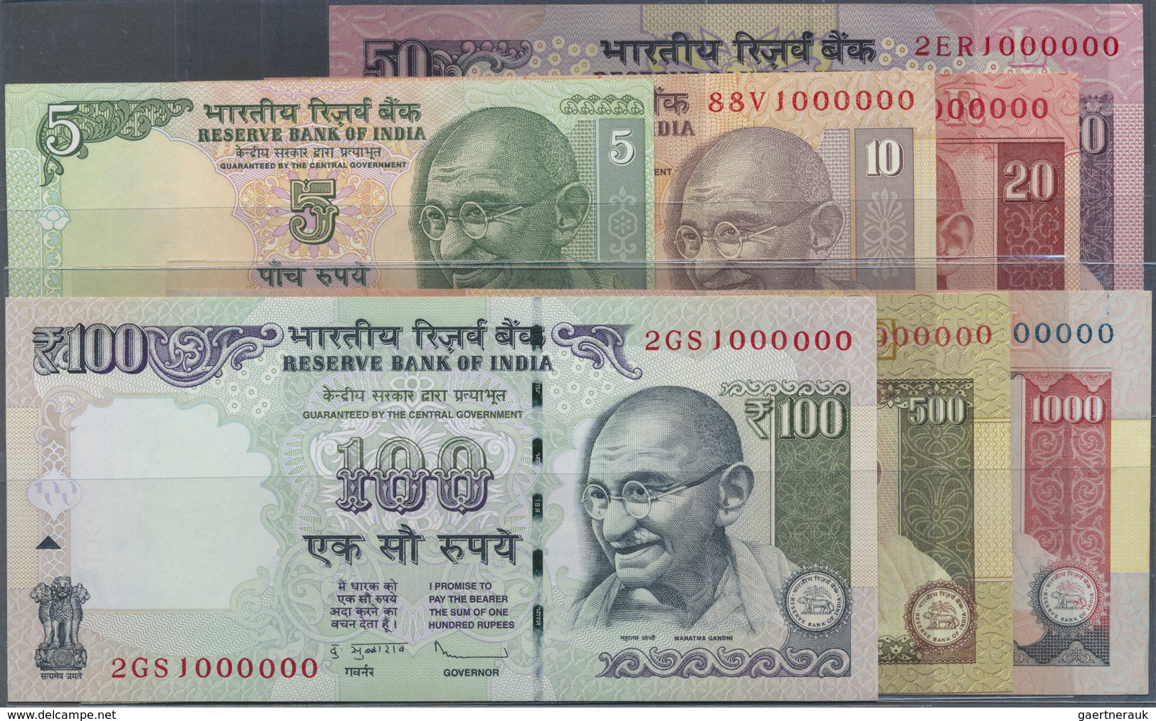 India / Indien: Set Of 7 Notes From 5 To 1000 Rupees 2012 P. 94A To 100, All With Interesting Serial - India