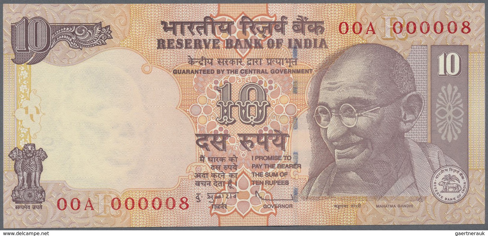 India / Indien: 10, 20, 50, 100, 500, 1000 Rupees, All First Prefix 0AA 000008, P.95-100 In UNC (6 P - India