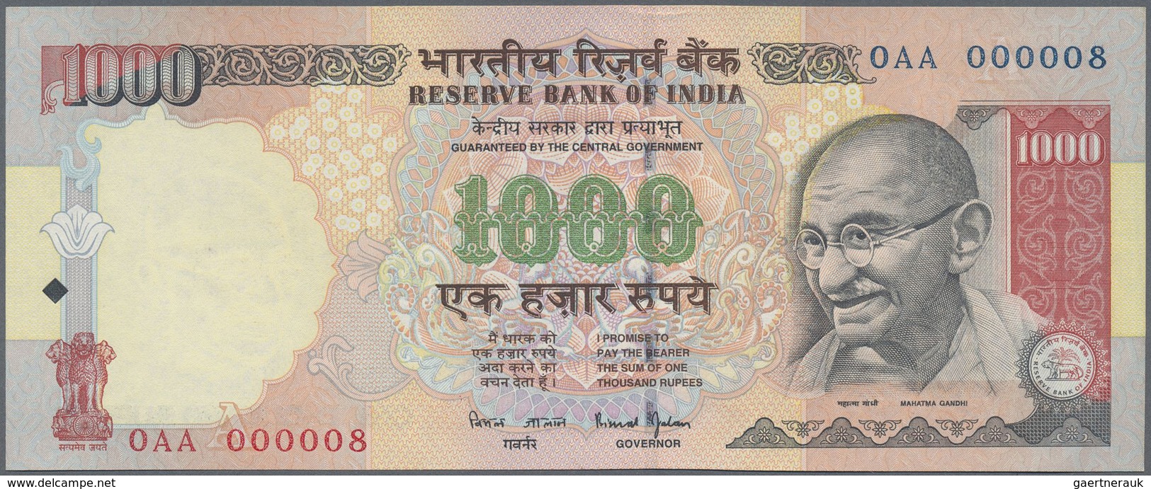 India / Indien: 10, 20, 50, 100, 500, 1000 Rupees, All First Prefix 0AA 000008, P.95-100 In UNC (6 P - India