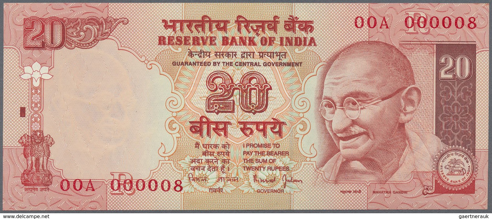 India / Indien: 10, 20, 50, 100, 500, 1000 Rupees, All First Prefix 0AA 000008, P.95-100 In UNC (6 P - India