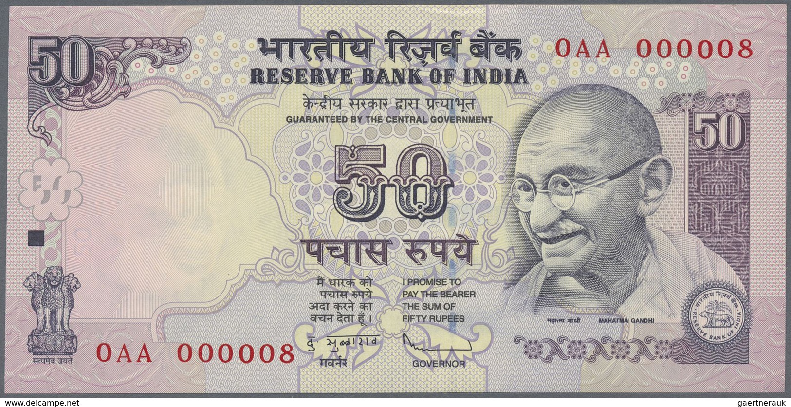 India / Indien: 10, 20, 50, 100, 500, 1000 Rupees, all first prefix 0AA 000008, P.95-100 in UNC (6 p