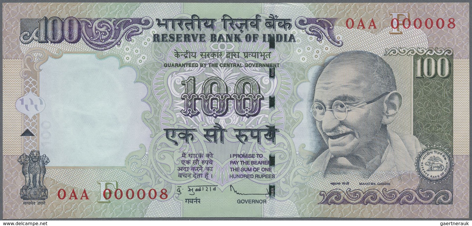 India / Indien: 10, 20, 50, 100, 500, 1000 Rupees, all first prefix 0AA 000008, P.95-100 in UNC (6 p