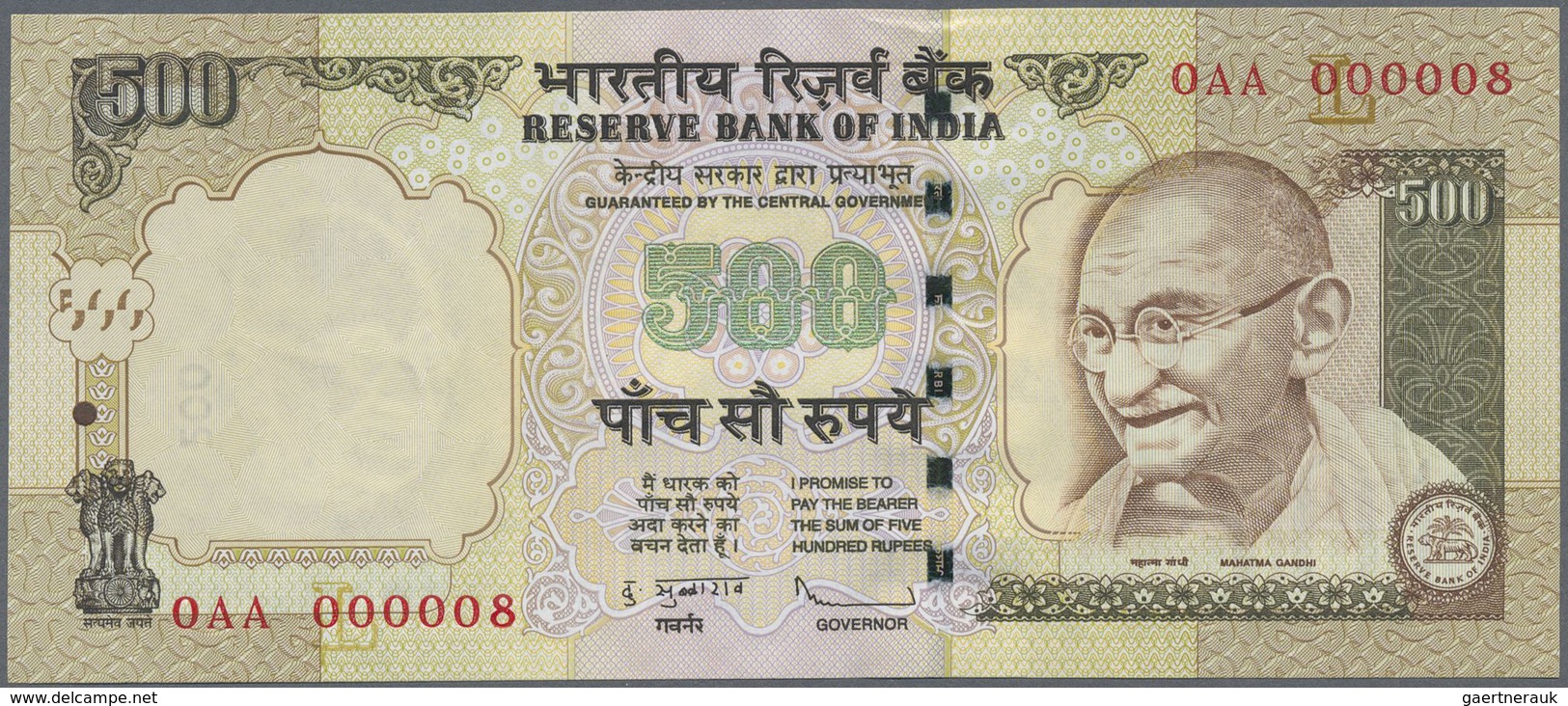 India / Indien: 10, 20, 50, 100, 500, 1000 Rupees, all first prefix 0AA 000008, P.95-100 in UNC (6 p