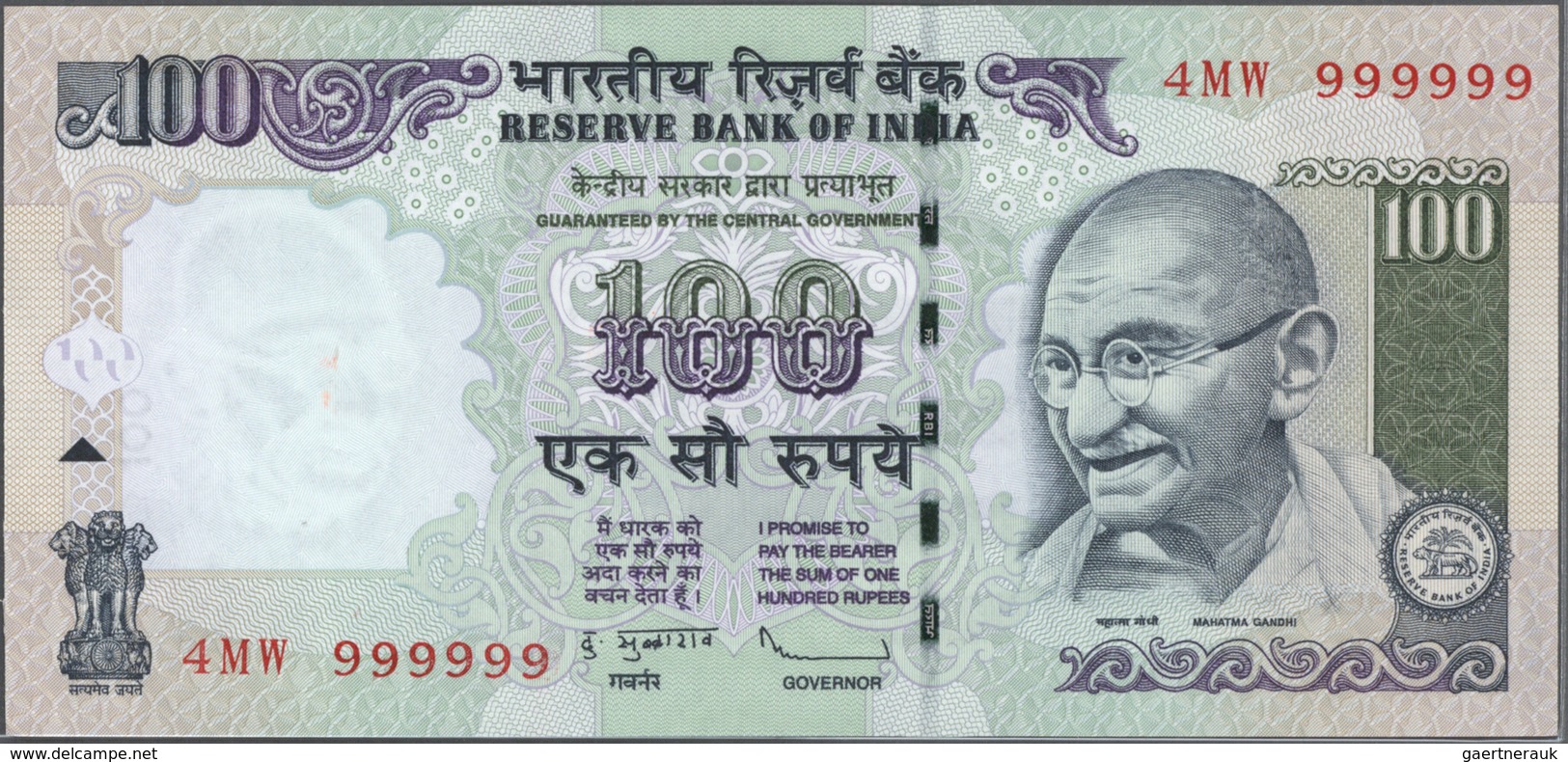 India / Indien: set of 10 notes 100 Rupees 2009 P. 98 all with interesting serial number containing: