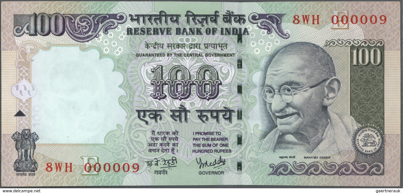 India / Indien: et of 10 notes 100 Rupees 2009 P. 98 all with interesting serial number containing a