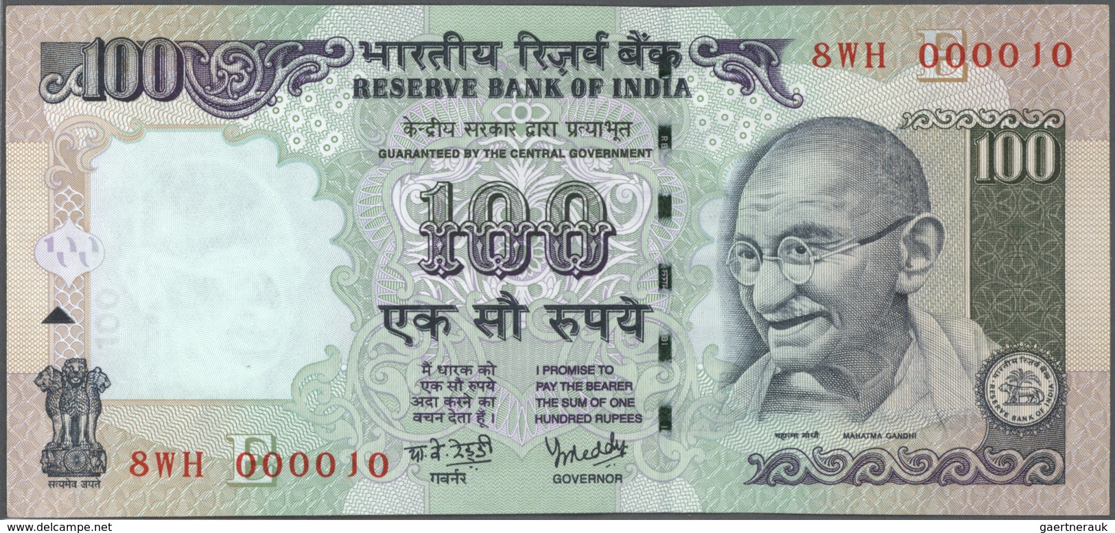 India / Indien: et of 10 notes 100 Rupees 2009 P. 98 all with interesting serial number containing a