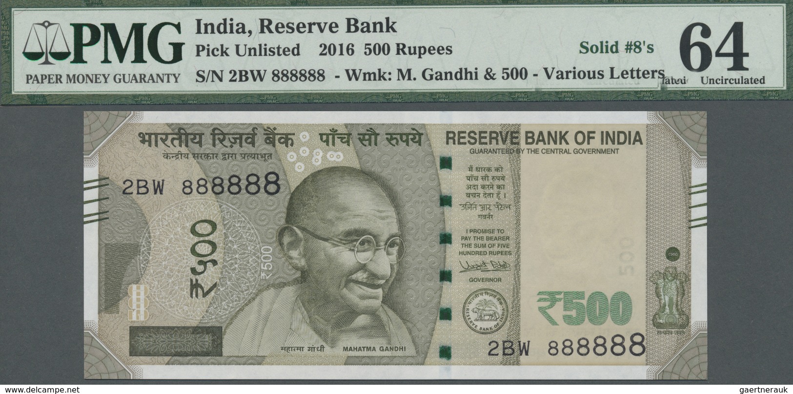 India / Indien: 500 Rupees 2016 P. New With Solid Serial Number #2BW 888888 In Condition: PMG Graded - India