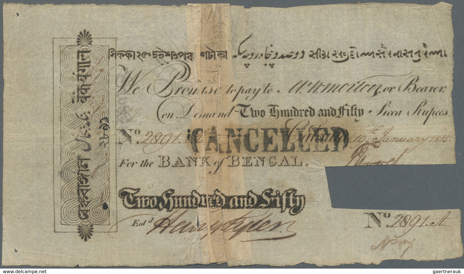 India / Indien: Bank Of Bengal Highly Rare 250 Sicca Rupees 1815 P. S NL, Cut And Stamped Cancelled, - India