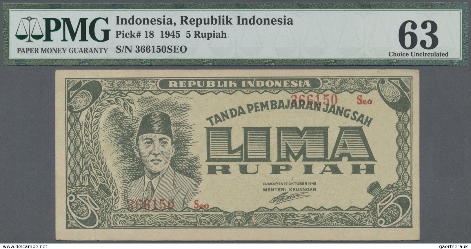 Indonesia / Indonesien: Republic Indonesia 5 Rupiah 1945, P.18 In Almost Perfect Condition, Just A F - Indonesia