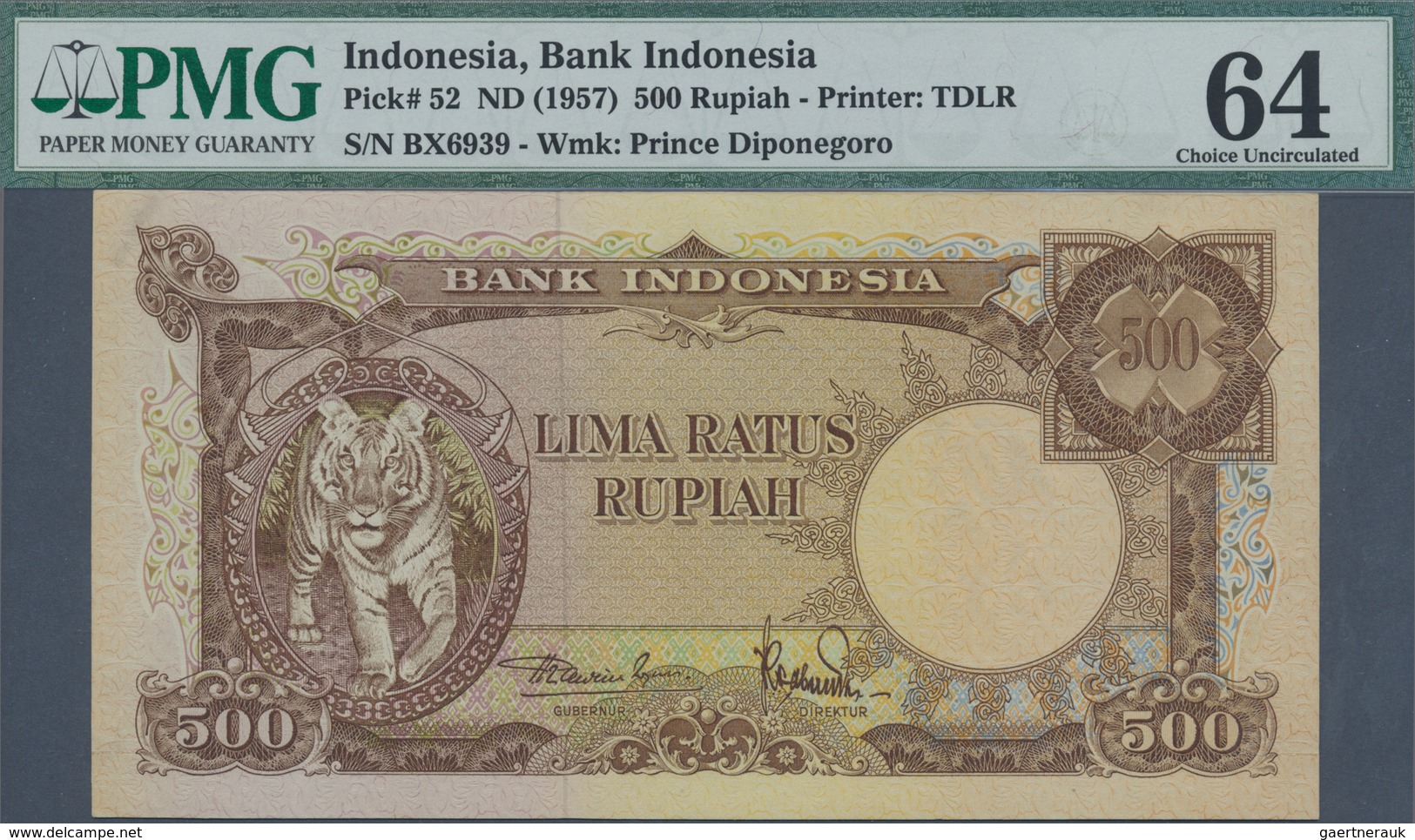 Indonesia / Indonesien: 500 Rupiah "Tiger Note" ND(1957) P. 52 In Condition: PMG Graded 64 Choice UN - Indonesia