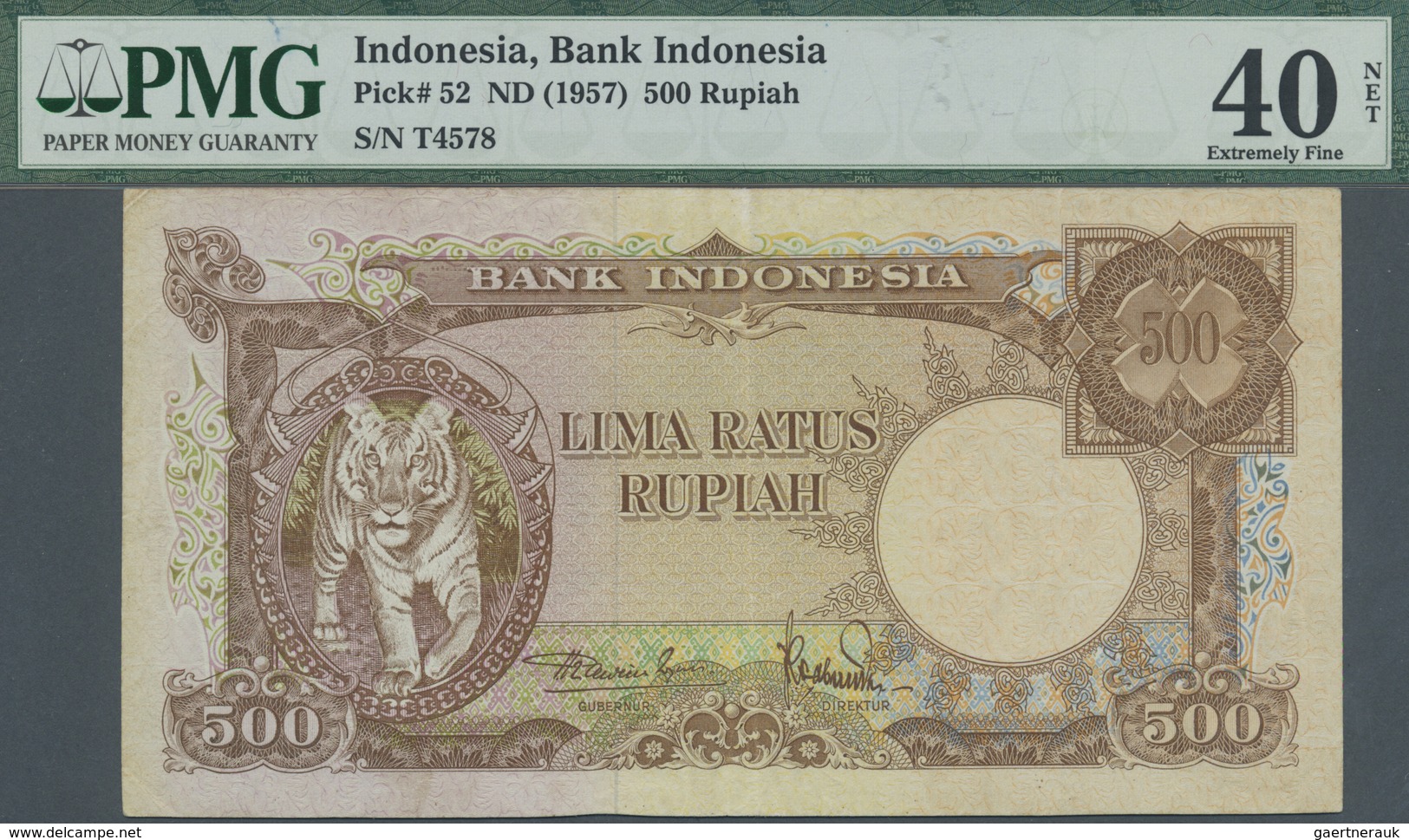 Indonesia / Indonesien: 500 Rupiah ND(1957) P. 52, Replacement, Serial T4578, Condition: PMG Graded - Indonesia