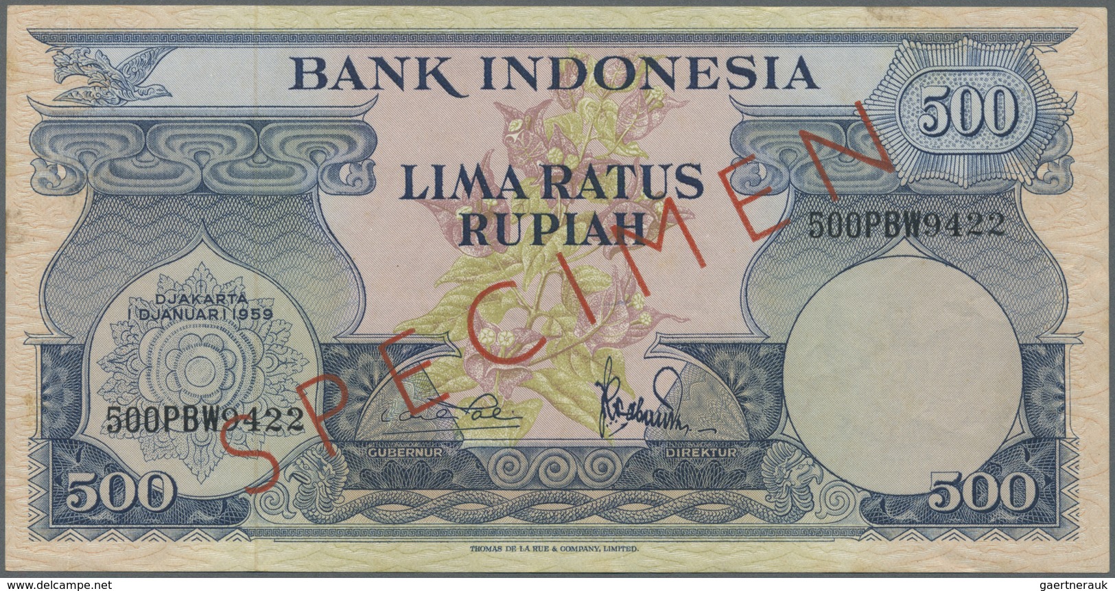 Indonesia / Indonesien: 500 Rupiah 1959 Specimen P. 70s, Light Folds In Paper, Condition: VF+. - Indonesia