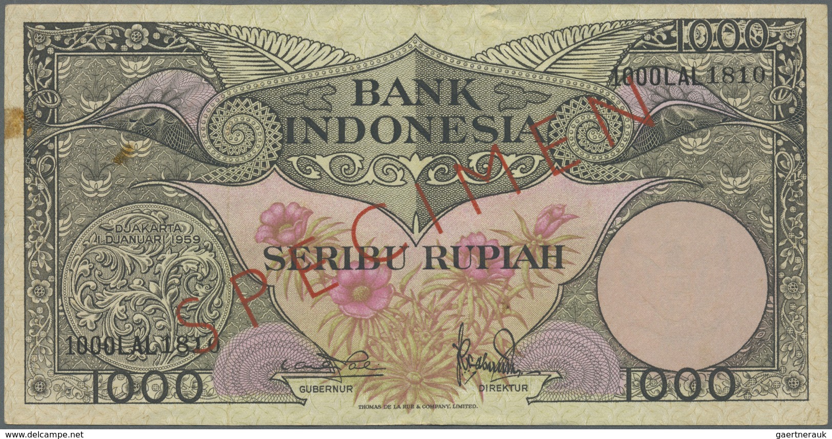 Indonesia / Indonesien: 1000 Rupiah 1959 Specimen With Regular Serial Number P. 71s, Used With Some - Indonesia