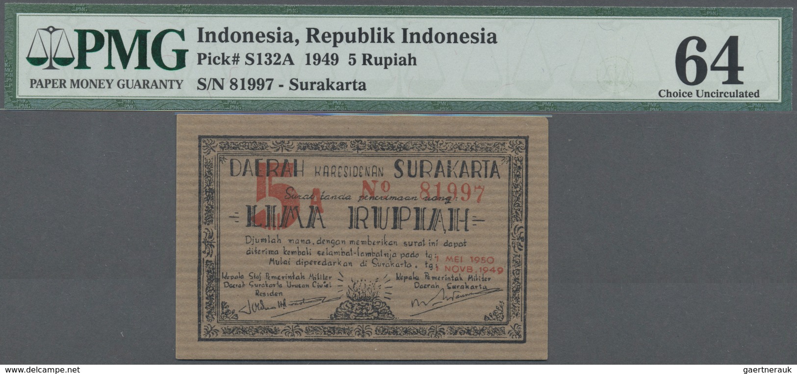Indonesia / Indonesien: Surakarta 5 Rupiah 1949, P.S132A In Exceptional Great Condition, PMG Graded - Indonesia