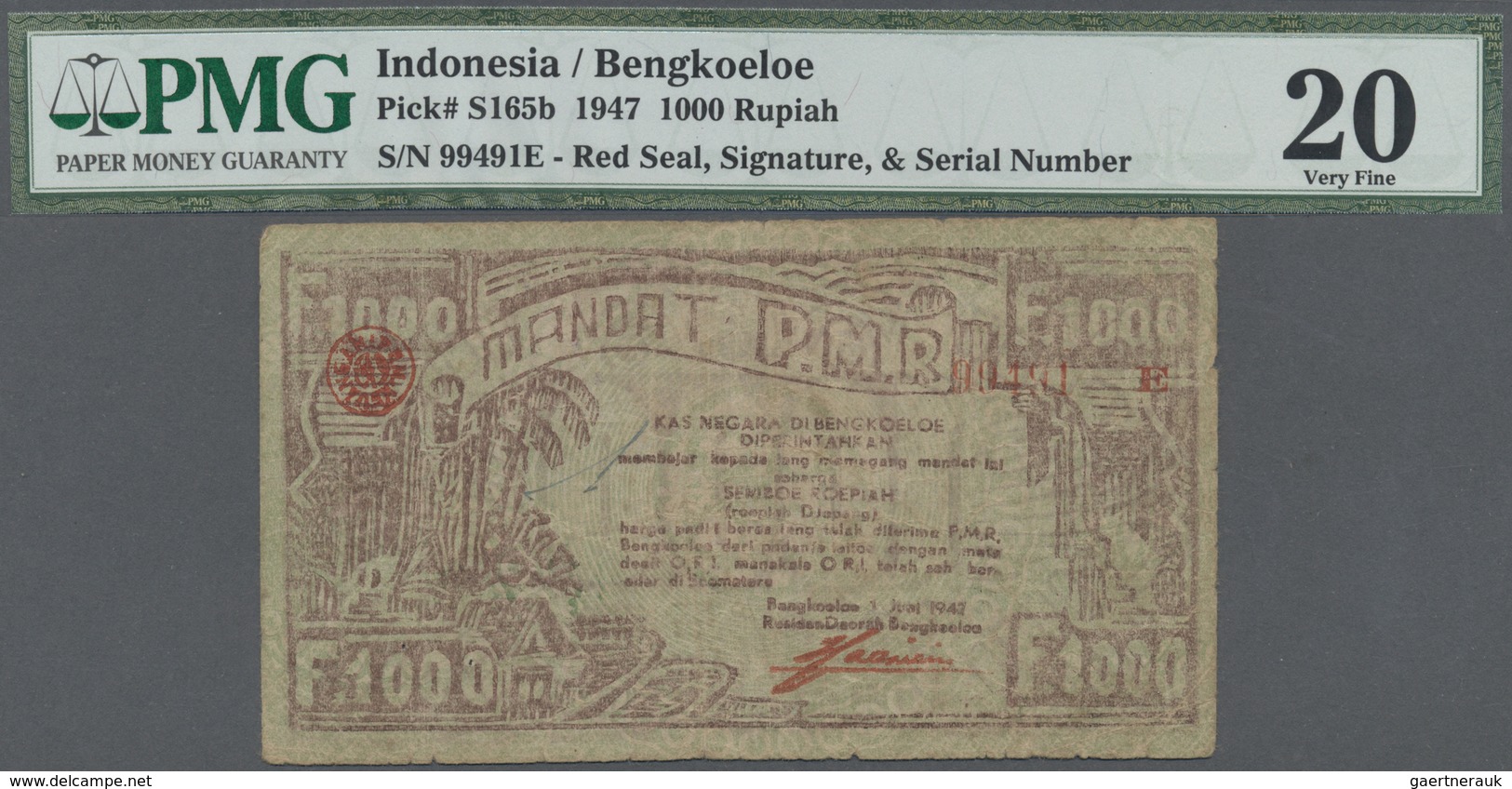 Indonesia / Indonesien: Central Treasury Of Bengkoeloe 1000 Rupiah 1947, P.S165b With Many Folds And - Indonesia