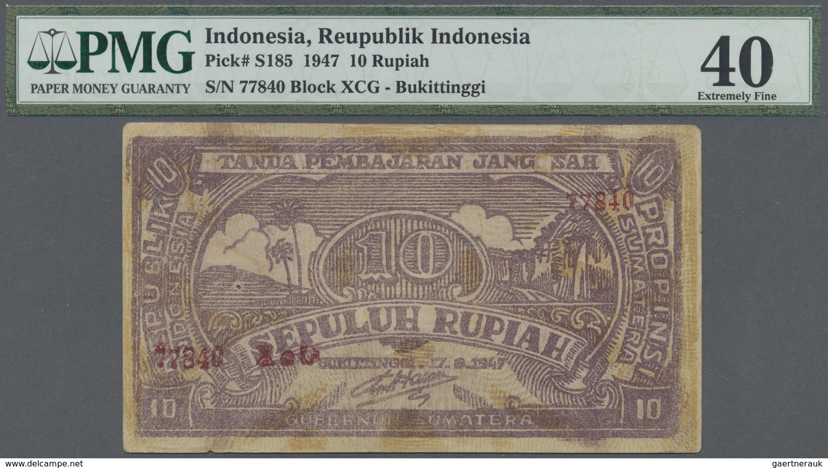 Indonesia / Indonesien:  Governor Of Bukittinggi, Sumatra10 Rupiah 1947, P.S185, Lightly Stained Pap - Indonesia