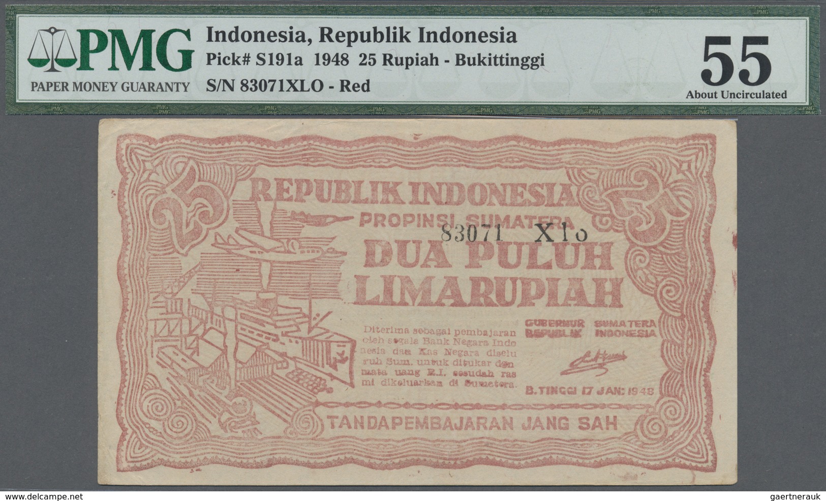 Indonesia / Indonesien:  Governor Of Bukittinggi, Sumatra 25 Rupiah 1948, P.S191a, Great Condition W - Indonesia