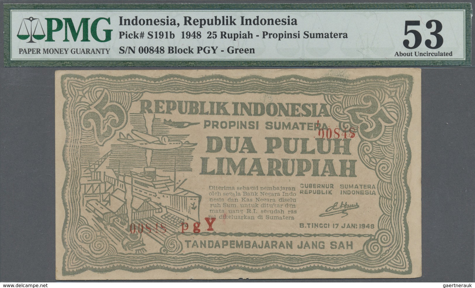 Indonesia / Indonesien:  Governor Of Bukittinggi, Sumatra 25 Rupiah 1948, P.S191b In Green Color, Ti - Indonésie