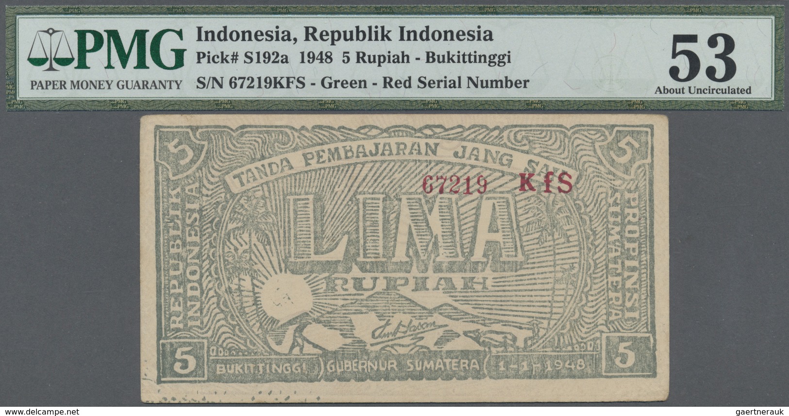 Indonesia / Indonesien:  Governor Of Bukittinggi, Sumatra 5 Rupiah 1948, P.S192a, Very Nice Conditio - Indonesia