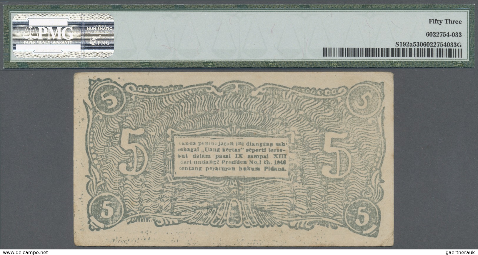 Indonesia / Indonesien:  Governor Of Bukittinggi, Sumatra 5 Rupiah 1948, P.S192a, Very Nice Conditio - Indonesia