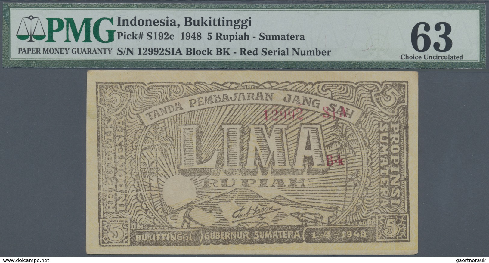 Indonesia / Indonesien:  Governor Of Bukittinggi, Sumatra 5 Rupiah 1948, P.S192c In Excellent Condit - Indonesia