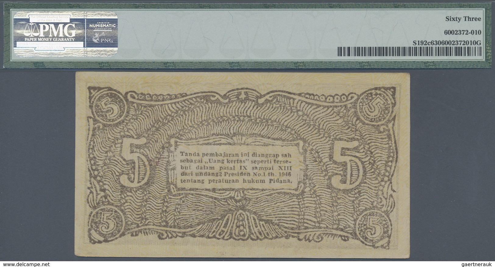 Indonesia / Indonesien:  Governor Of Bukittinggi, Sumatra 5 Rupiah 1948, P.S192c In Excellent Condit - Indonesia