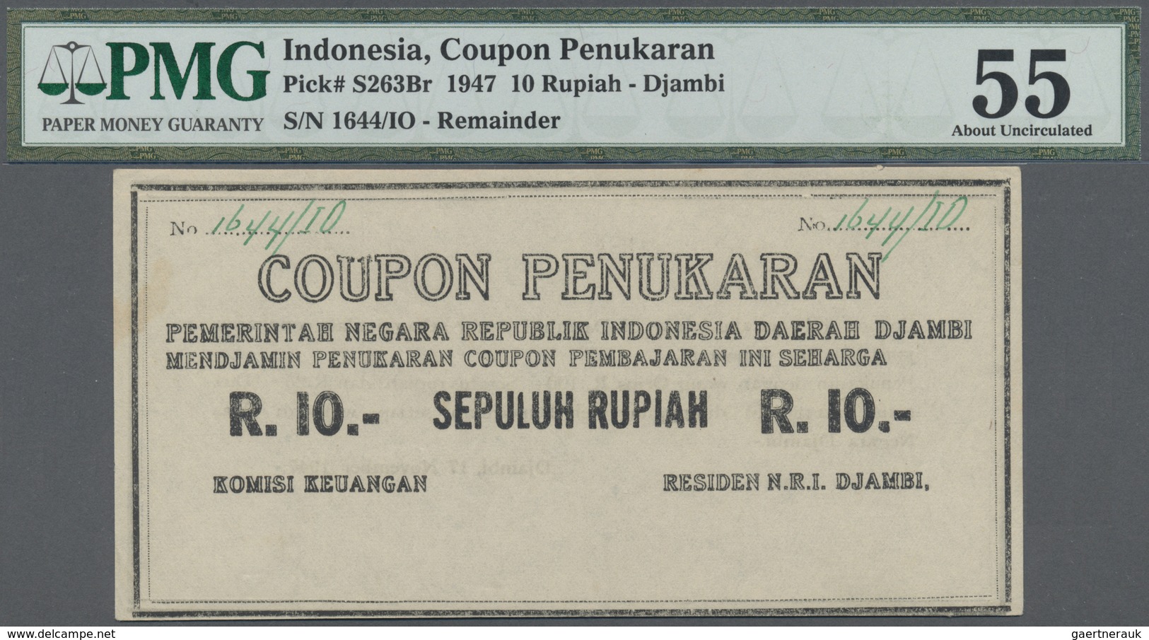 Indonesia / Indonesien: Kas Negara (Central Treasury), Djambi 10 Rupiah "Coupon Penukaran" (Redempti - Indonesia