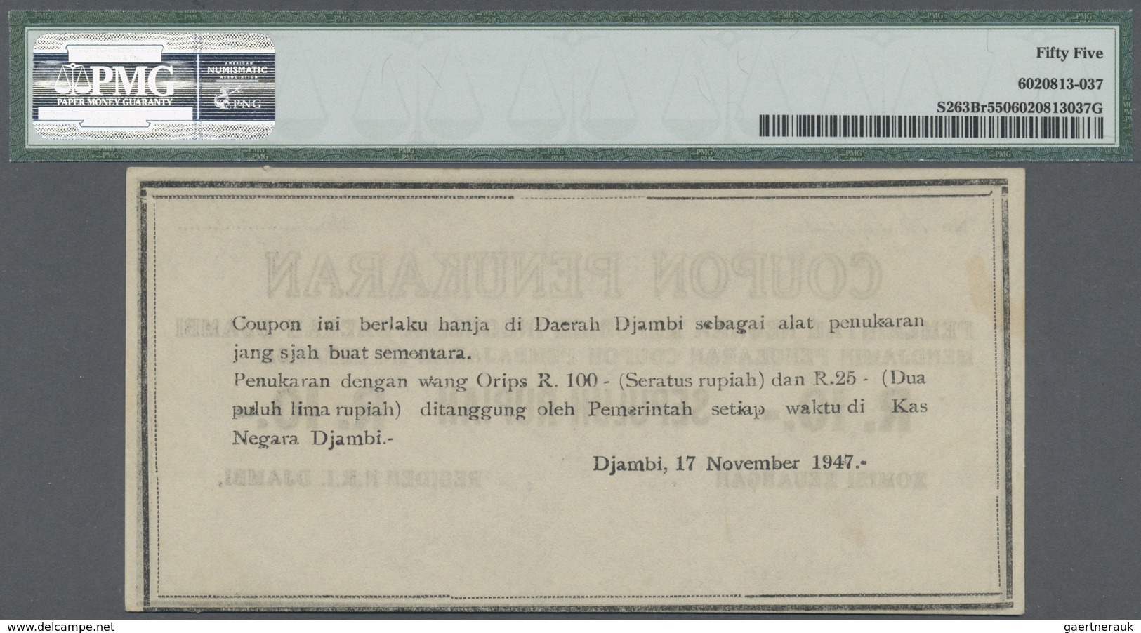 Indonesia / Indonesien: Kas Negara (Central Treasury), Djambi 10 Rupiah "Coupon Penukaran" (Redempti - Indonesia