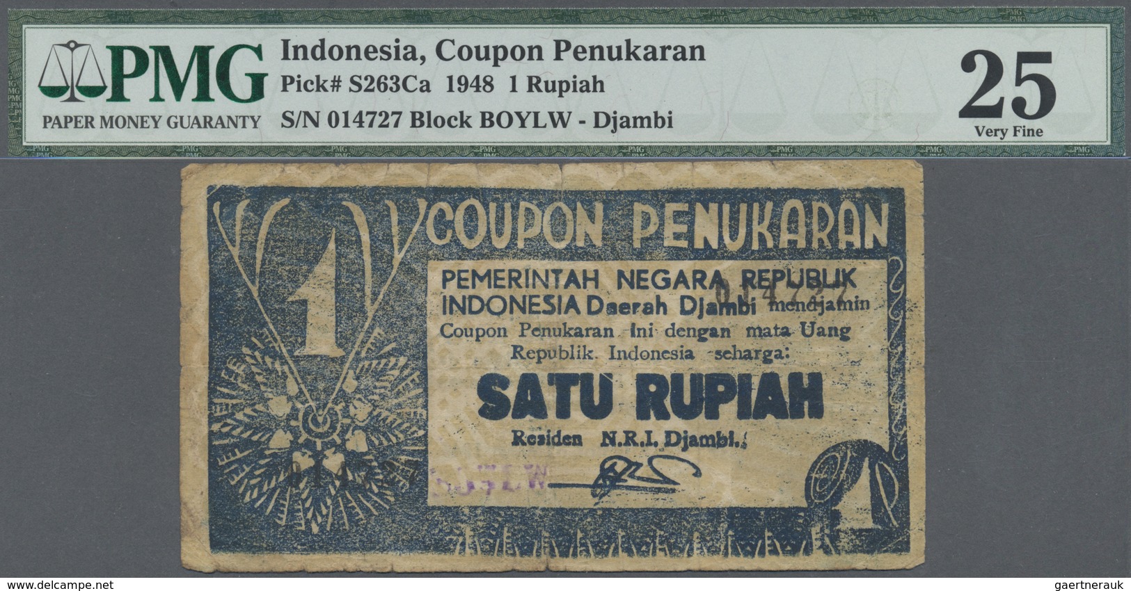 Indonesia / Indonesien: Kas Negara (Central Treasury), Djambi 1 Rupiah "Coupon Penukaran" (Redemptio - Indonesia