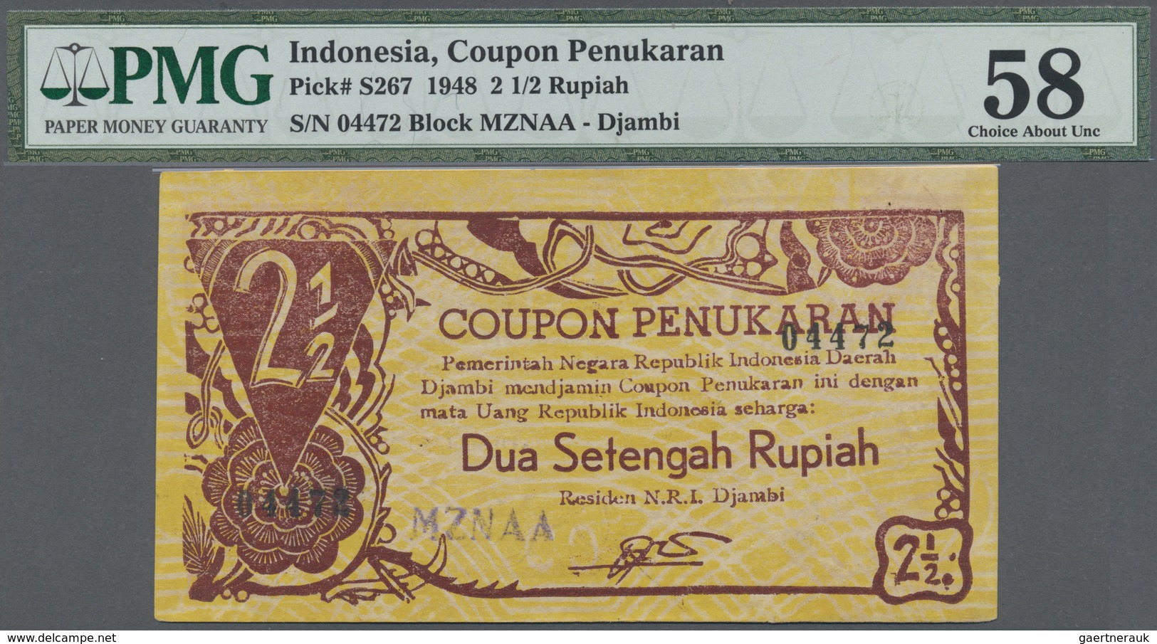 Indonesia / Indonesien: Djambi 2 1/2 Rupiah "Coupon Penukaran" (Redemption Coupon) 1948, P.S267 , Gr - Indonesia