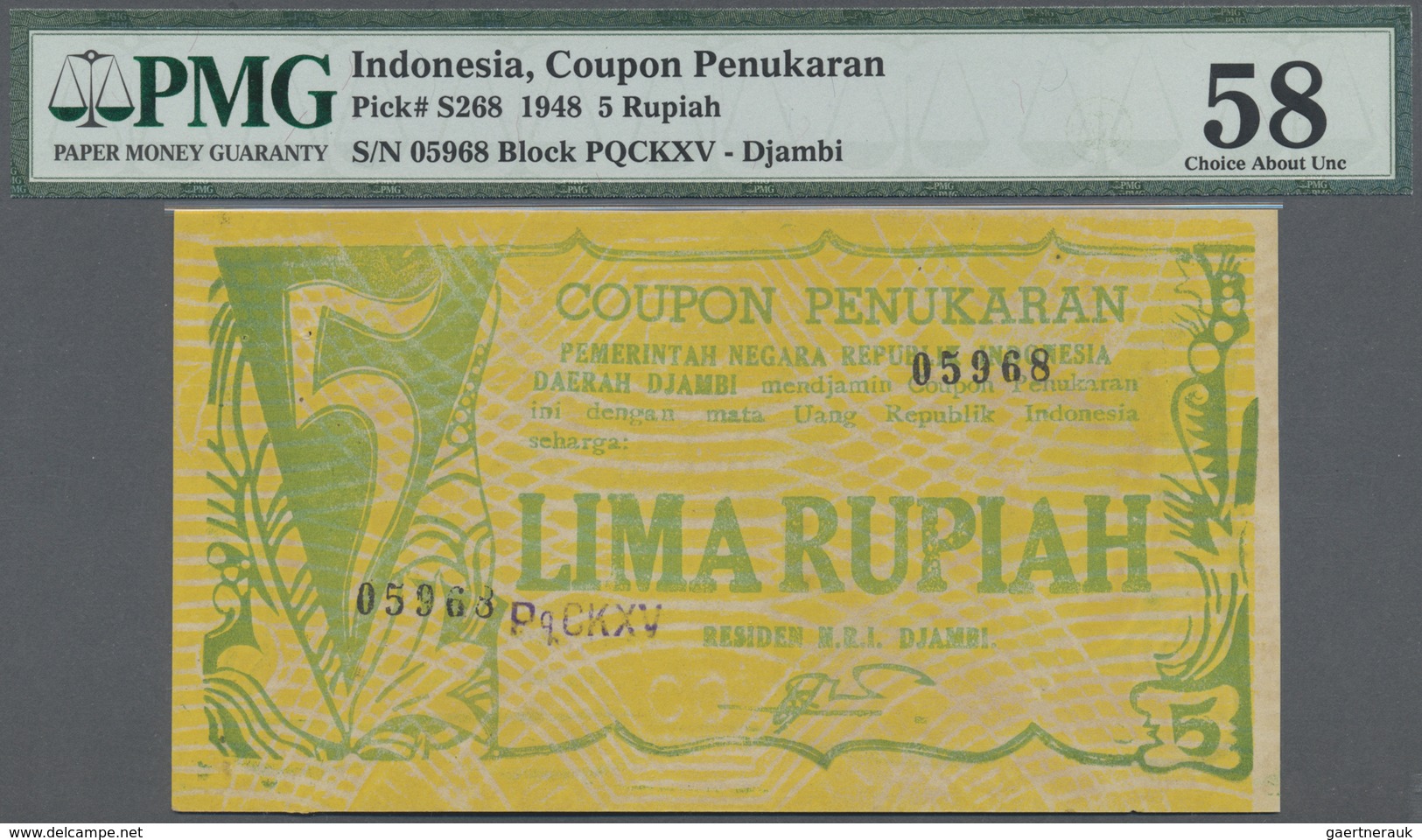 Indonesia / Indonesien: Djambi 5 Rupiah "Coupon Penukaran" (Redemption Coupon) 1948, P.S268 , Great - Indonesia