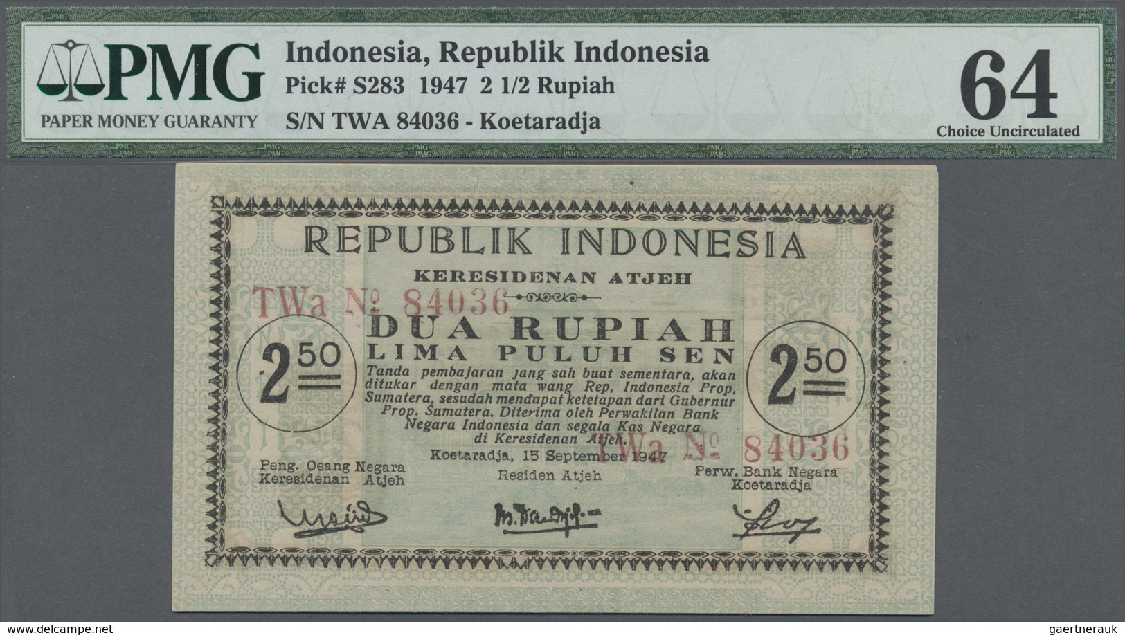 Indonesia / Indonesien: Residency, Atjeh, Koetaradja 2 1/2 Rupiah 1947, P.S283 In Almost Perfect Con - Indonesia