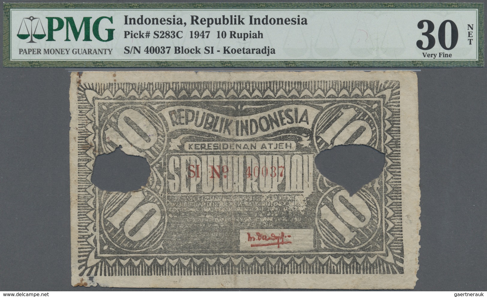 Indonesia / Indonesien: Residency, Atjeh, Koetaradja 10 Rupiah 1947, P.S283C With Two Large Cancella - Indonesia