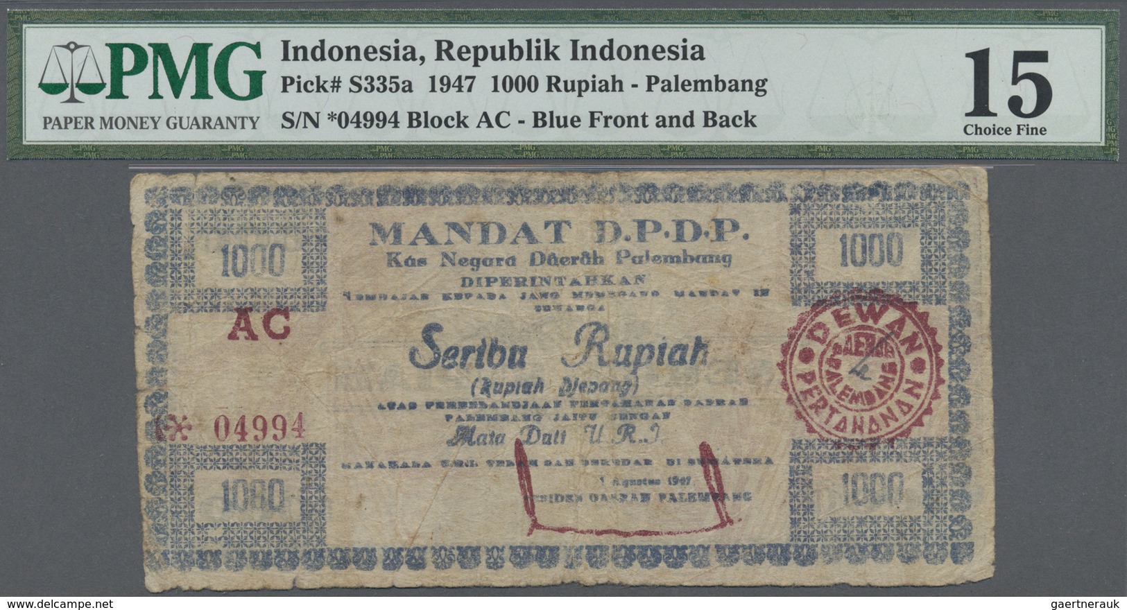 Indonesia / Indonesien: Kas Negara Daerah (Governmental Treasury), Palembang 1000 Rupiah 1947, P.S33 - Indonesia