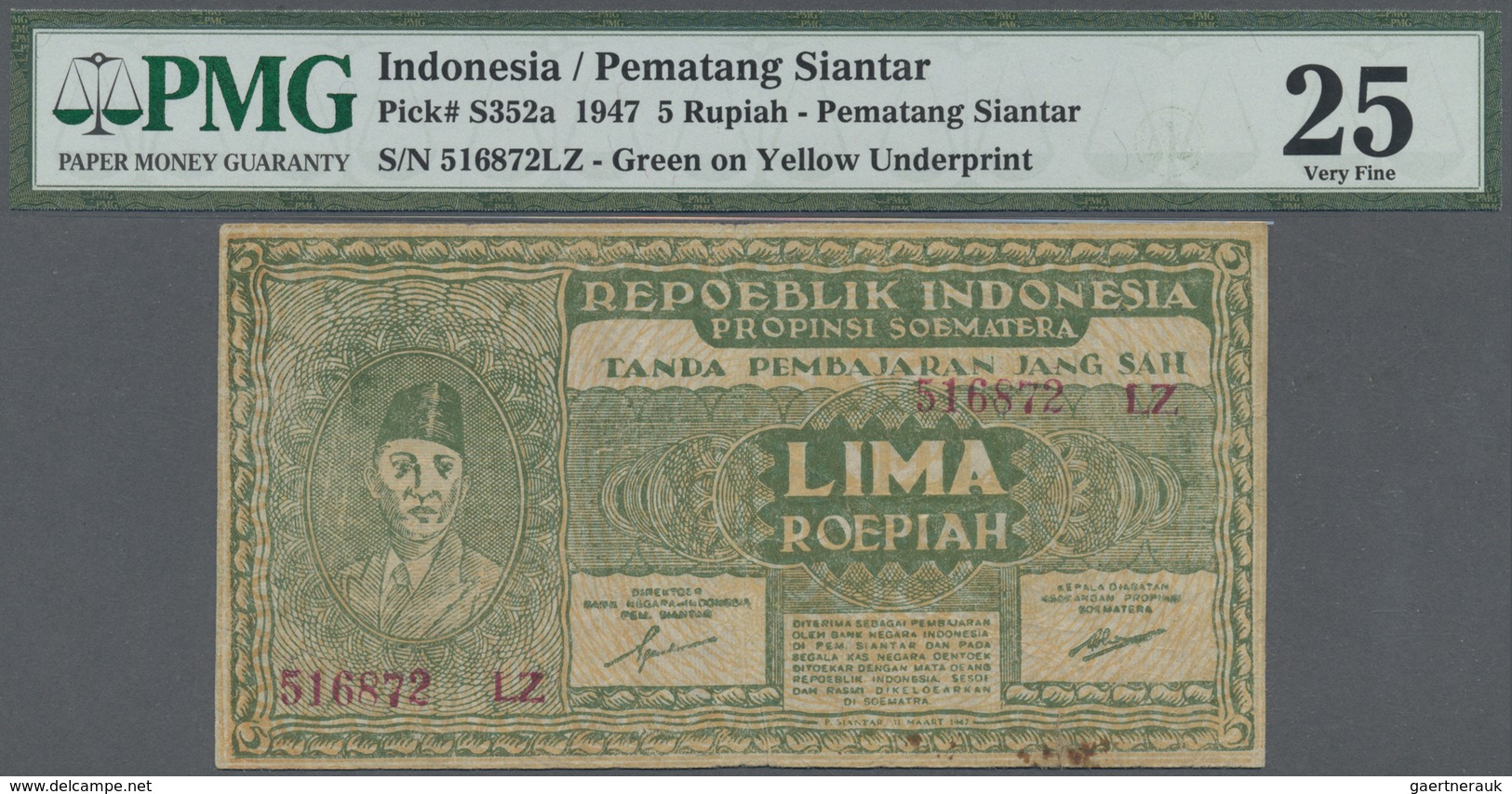 Indonesia / Indonesien:  Treasury, Pematang Siantar, Siumatra Province 5 Rupiah 1947, P.S352a With S - Indonesia