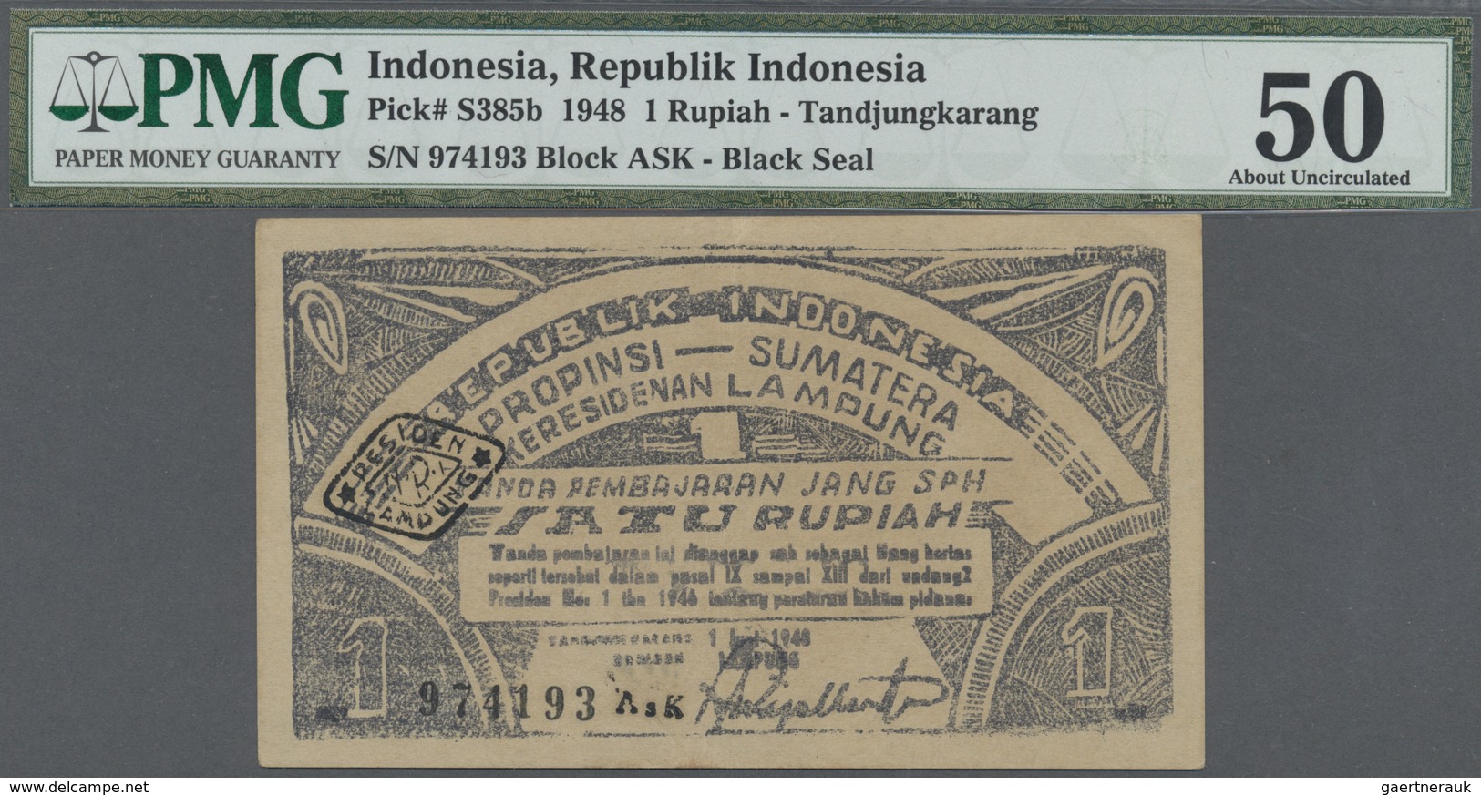 Indonesia / Indonesien: Treasury, Tandjungkarang (Lampung Residency) 1 Rupiah 1948, P.S385b, Very Ni - Indonesia
