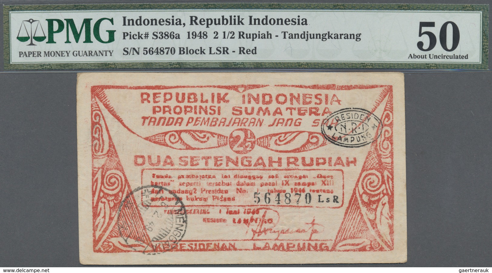 Indonesia / Indonesien: Treasury, Tandjungkarang (Lampung Residency) 2 1/2 Rupiah 1948, P.S386a, Ver - Indonesia